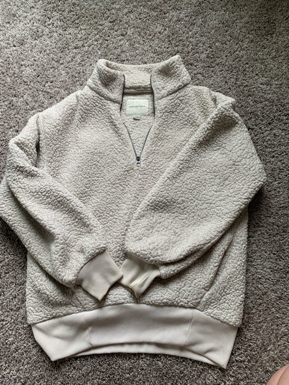 American Eagle Outfitters Cream Sherpa Quarter-Zip Jacket